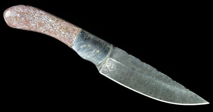 Damascus Knife With Fossil Dinosaur Bone (Gembone) Inlays #86542
